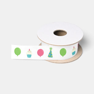 Birthday balloons, Party Hats and Cupcakes Satin Ribbon