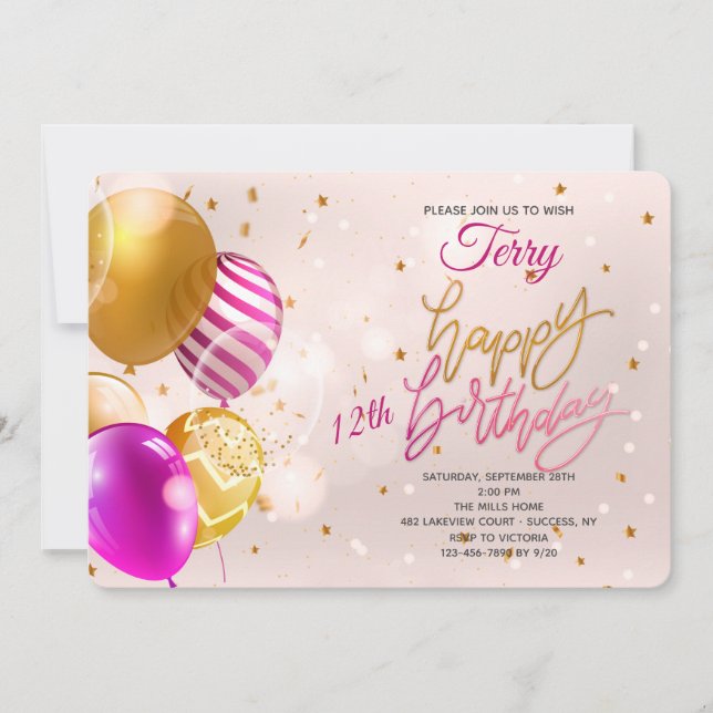 Birthday Balloons Pink Invitation (Front)