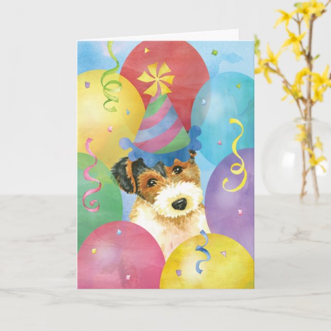 Birthday Balloons Wire Fox Terrier Card (Yellow Flower)