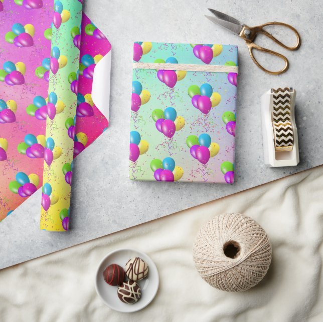 Birthday Balloons with Confetti On Rainbow Wrapping Paper (Crafts)