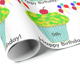 Birthday Balloons Yellow Green Cupcake Wrapping Paper