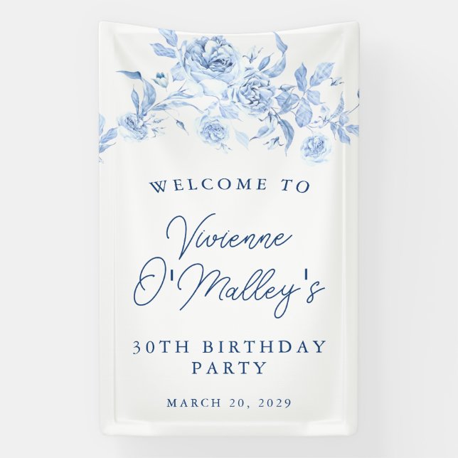 Birthday Banner 30th Birthday Party Blue Floral (Vertical)