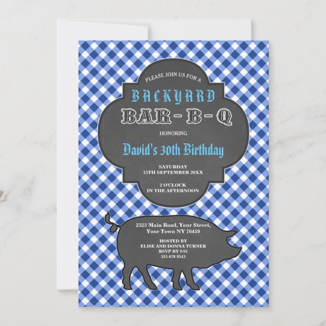 Birthday BARBEQUE Chalk Blue Gingham Invitation (Front)