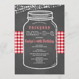 Birthday BARBEQUE Mason Jar Red Gingham Invitation
