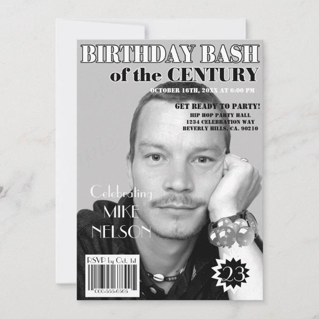 Birthday Bash Black White Magazine Cover Any Age Invitation (Front)