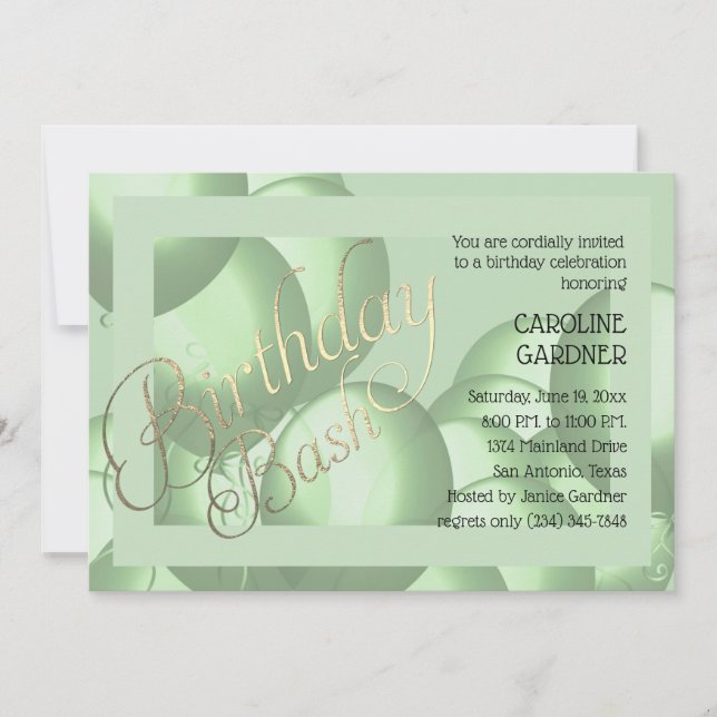 Birthday Bash Green Balloons Any Colour Background Invitation (Front)