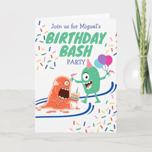 Birthday Bash Party with Funny Monsters and Cake Card (Front)