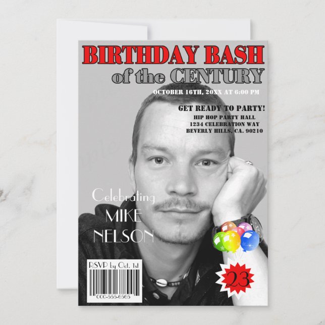 Birthday Bash Red Grey Magazine Cover Any Age Invitation (Front)