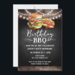 Birthday BBQ 90th Birthday Invitation<br><div class="desc">Birthday BBQ Invitations. Easy to personalise. All text is adjustable and easy to change for your own party needs. String lights rustic background elements. Fun Chalkboard swirls and flourishes. Watercolor hamburger and hotdog graphics. Invitations for him. Bar or backyard BBQ birthday design. Any age,  just change the text.</div>