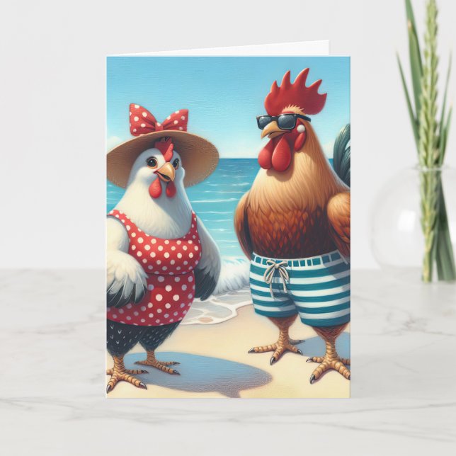 Birthday Beach Chickens In Bathing Suits Card (Front)