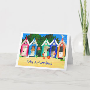 Birthday Beach Huts Card - Portuguese Greeting