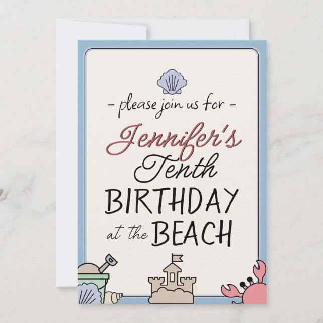 Birthday Beach Party Kid Cute Sandcastle Crab Pail Invitation (Front)