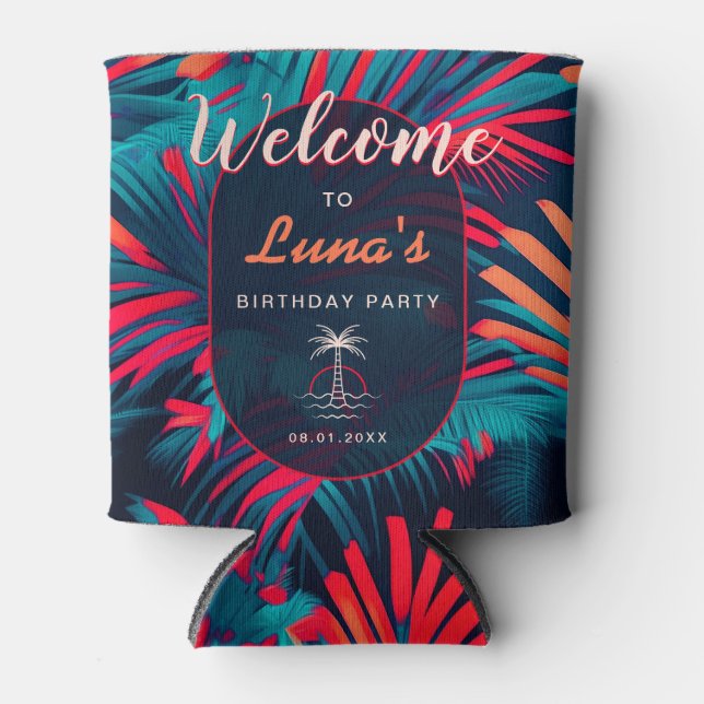Birthday Beach party Palm tree leaves sunset Can Cooler (Front)