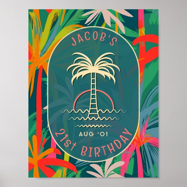 Birthday Beach party palm Tree sunset Watercolor Poster (Front)