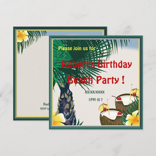 Birthday Beach Picnic Party Coconut Drink Invitation (Front/Back)