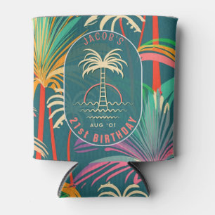 Birthday Beach tropical palm Tree beach sunset Can Cooler