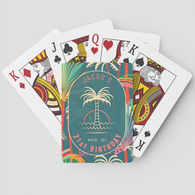 Birthday Beach tropical palm Tree beach sunset Playing Cards (Back)