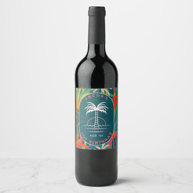 Birthday Beach tropical palm Tree beach sunset Wine Label (Front)