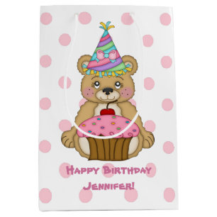 Birthday Bear Cupcake Pink Personalised Medium Gift Bag