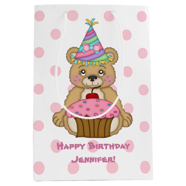 Birthday Bear Cupcake Pink Personalised Medium Gift Bag (Front)