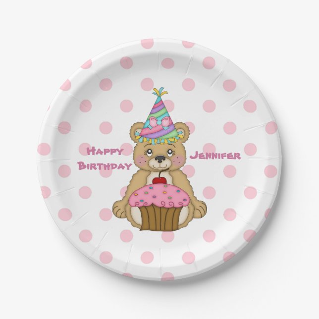 Birthday Bear Pink Cupcake Polkadot Personalised Paper Plate (Front)