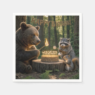 Birthday Bear Roasting Marshmallows on a Cake Napkin