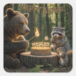 Birthday Bear Roasting Marshmallows on a Cake Square Sticker