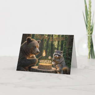Birthday Bear Roasting Marshmallows Over a Cake Card