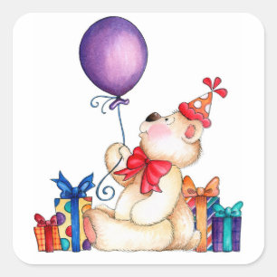Birthday Bear with Balloon Square Sticker