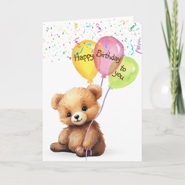 Birthday Bear With Balloons and Confetti Card (Front)