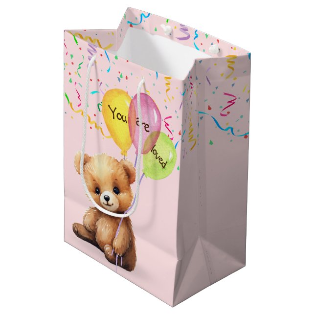 Birthday Bear With Balloons and Confetti Medium Gift Bag (Front Angled)