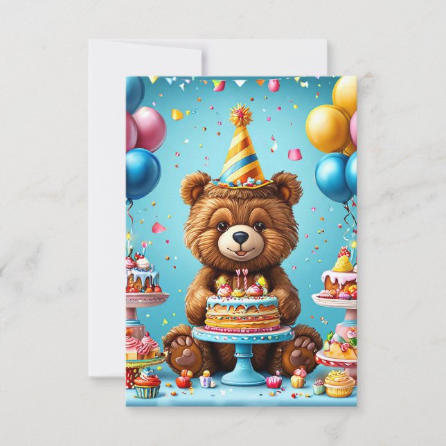Birthday bear with cake and balloons (Front)