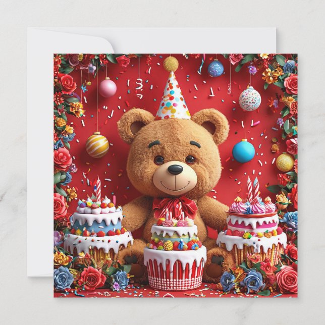 Birthday bear with cake and balloons invitation (Front)