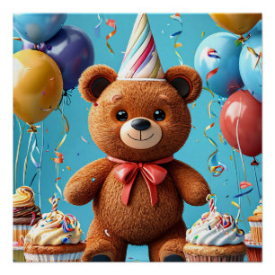 Birthday bear with cake and balloons poster