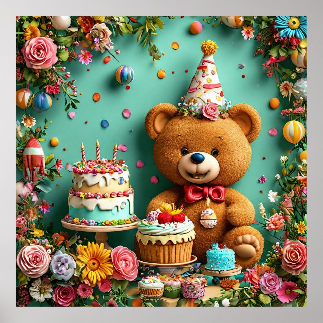 Birthday bear with cake and balloons poster (Front)