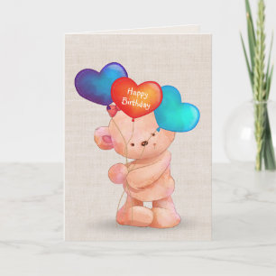 Birthday Bear with Heart Balloons Card