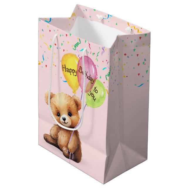 Birthday Bear With Party Balloons Medium Gift Bag (Front Angled)