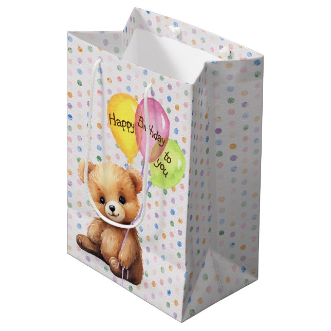 Birthday Bear With Party Balloons Medium Gift Bag (Front Angled)