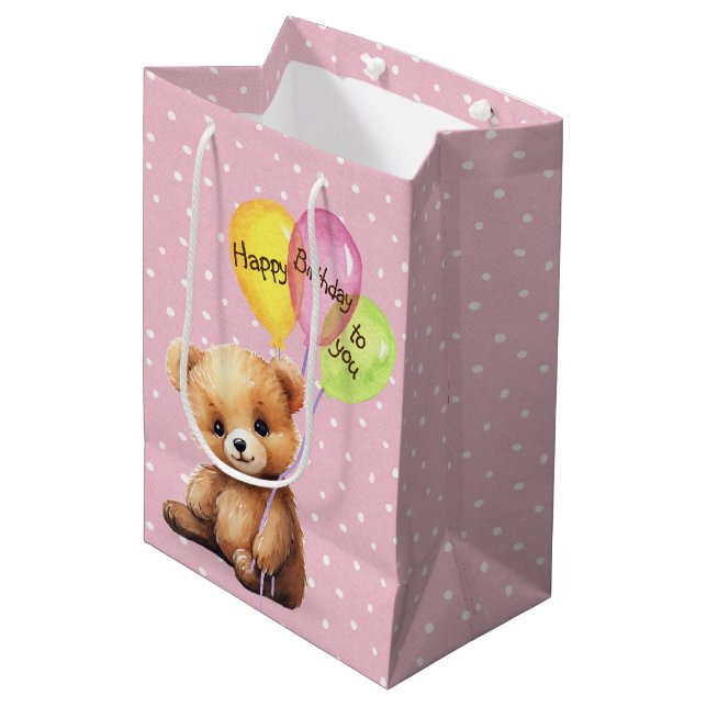 Birthday Bear With Party Balloons Medium Gift Bag (Front Angled)