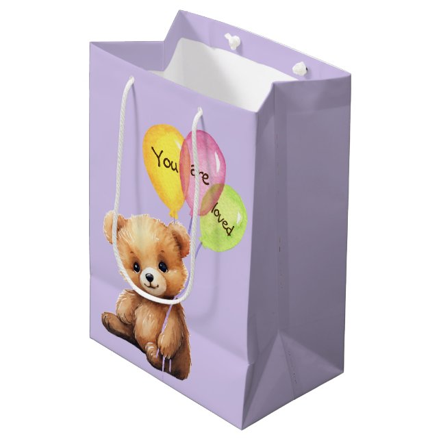 Birthday Bear With Party Balloons Medium Gift Bag (Front Angled)