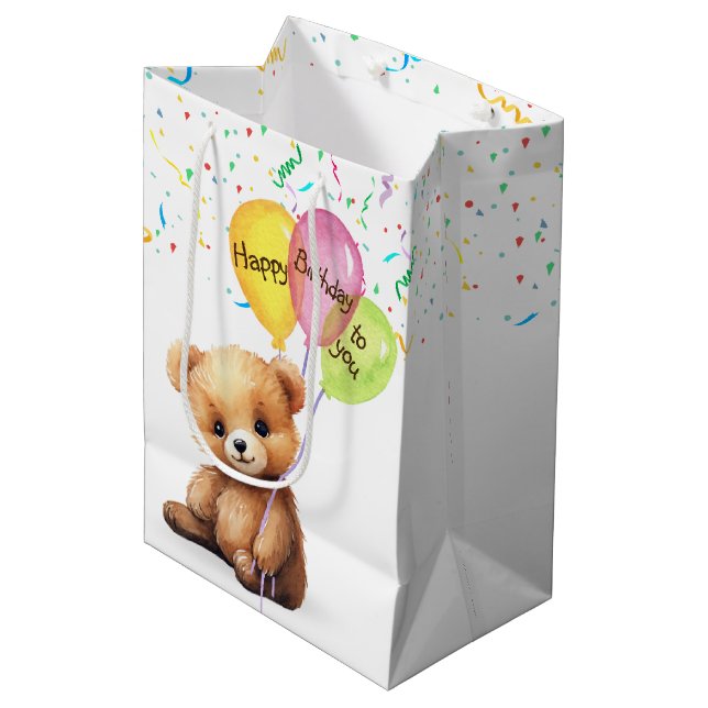 Birthday Bear With Party Balloons Medium Gift Bag (Front Angled)