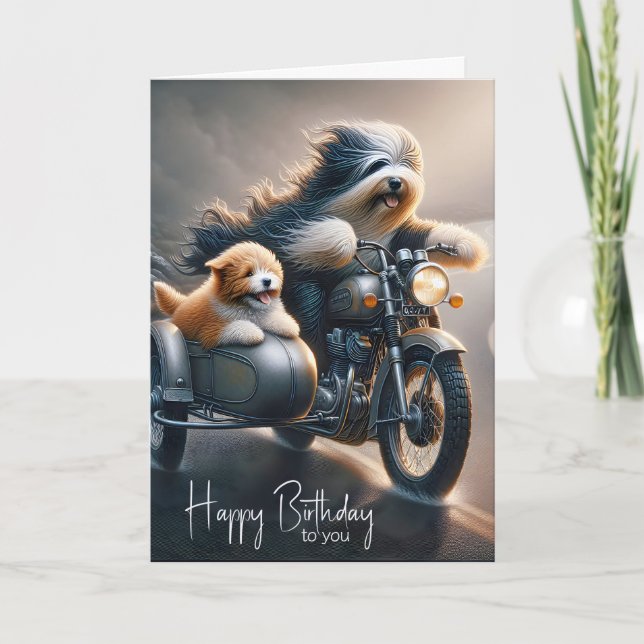 Birthday Bearded Collie On Motorcycle Card (Front)