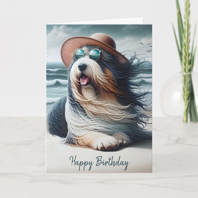 Birthday Bearded Collie On the Beach Card (Front)