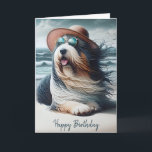 Birthday Bearded Collie On the Beach Card<br><div class="desc">Bearded collie dog wearing a sun hat and sunglasses on the beach on a windy day.
Text is editable.</div>