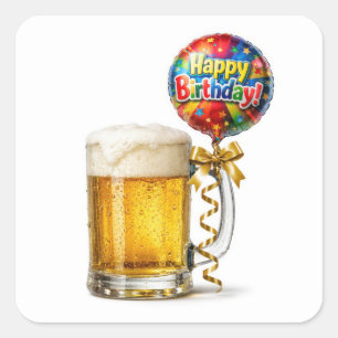 Birthday Beer Mug With Party Balloon Square Sticker