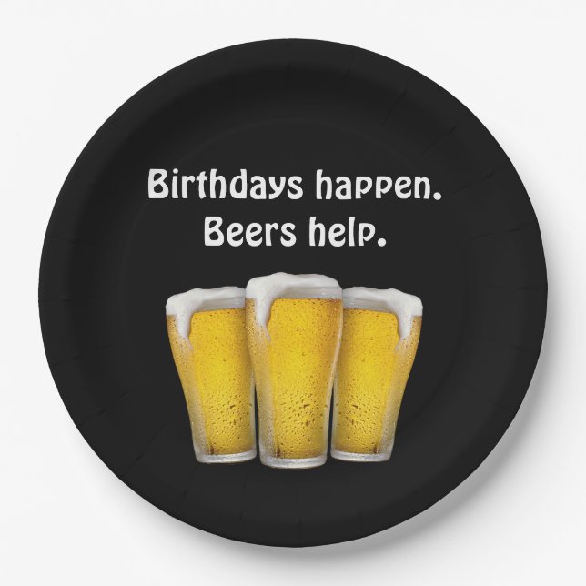 Birthday Beers on Black Paper Plate (Front)