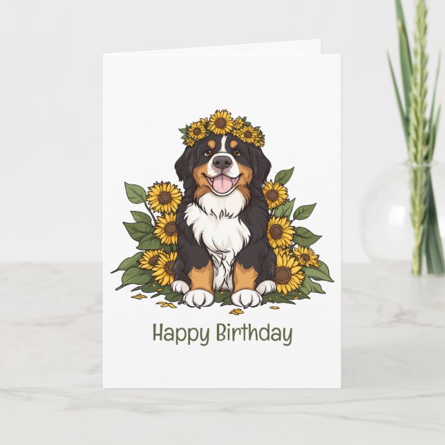 Birthday Bernese Mountain Dog Sunflower Crown Card (Front)