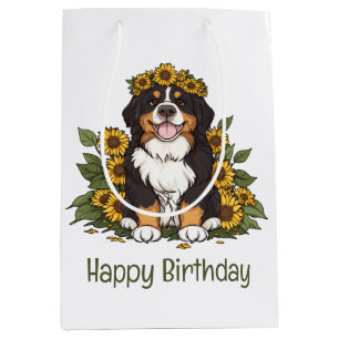 Birthday Bernese Mountain Dog Sunflower Crown Medium Gift Bag