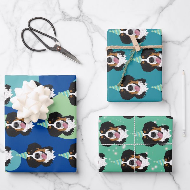 Birthday Bernese Mountain Dog Wrapping Paper Sheet (Front)