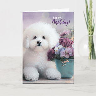 Birthday Bichon Frise Dog with Purple Flowers Card